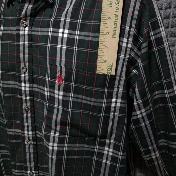 Button Long Sleeve Collared Shirt Mens Lg Green Plaid Holiday Lightweight Logo - Picture 9 of 16